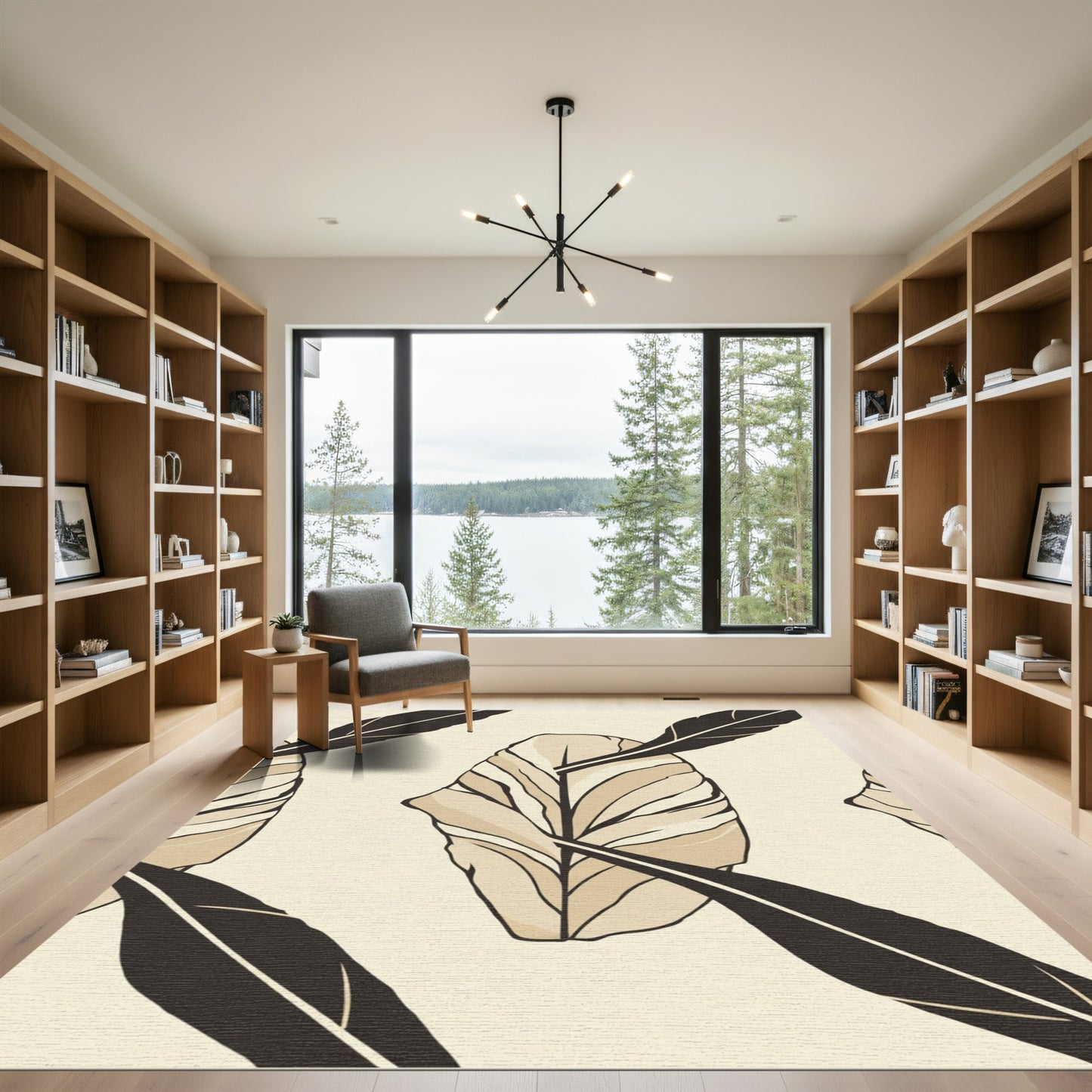 Cream and Black Leaf Pattern Rug