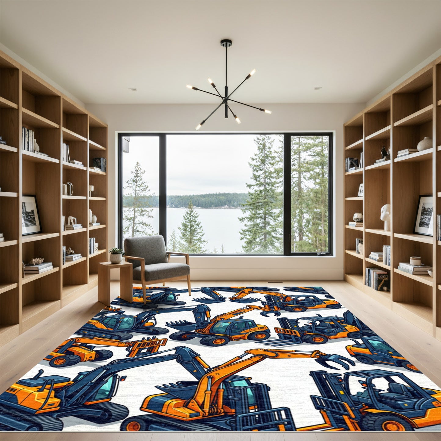 Orange Excavator Industrial Construction Isometric Art Rug