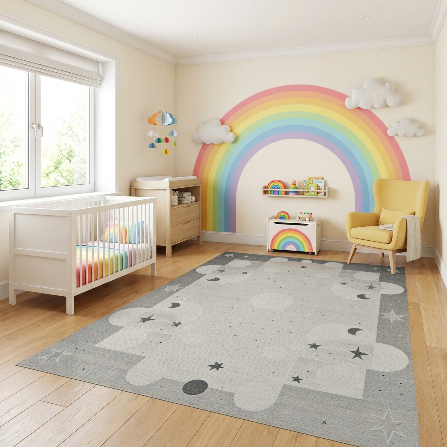 Celestial Gray Stars Moons Rug