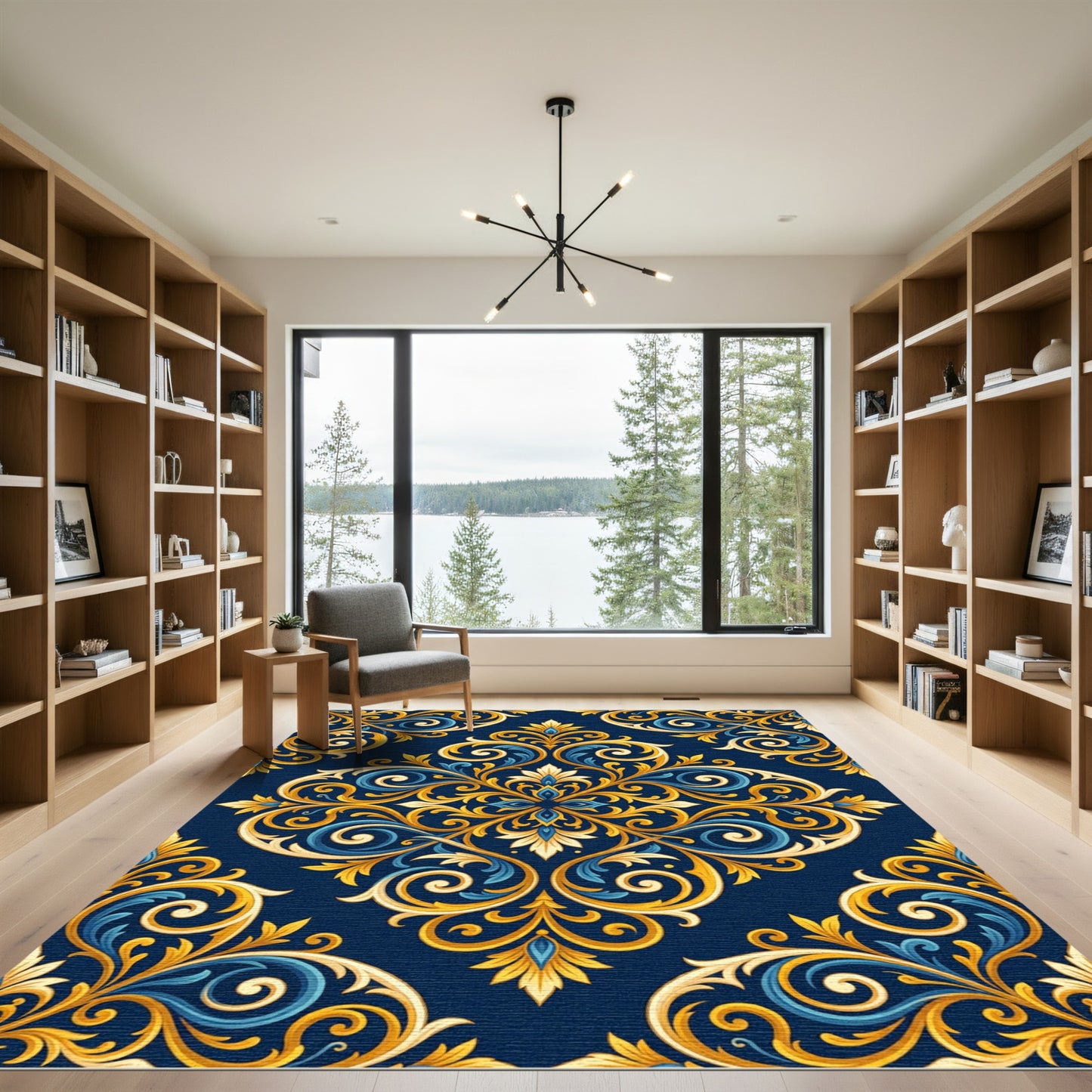 Regal Gold and Blue Damask Scroll Rug