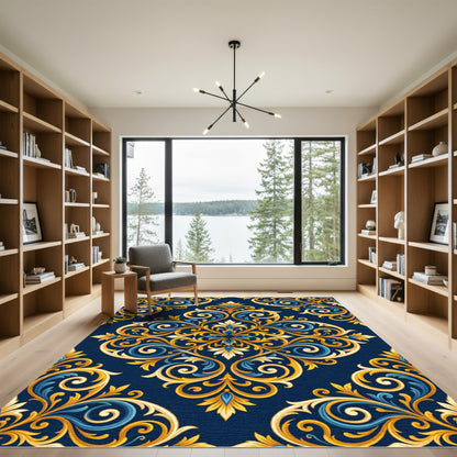 Regal Gold and Blue Damask Scroll Rug