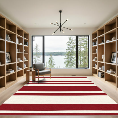 Deep Red Cream Stripe Area Rug