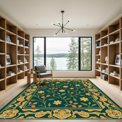 Orchid Teal Floral Vine Border Rug