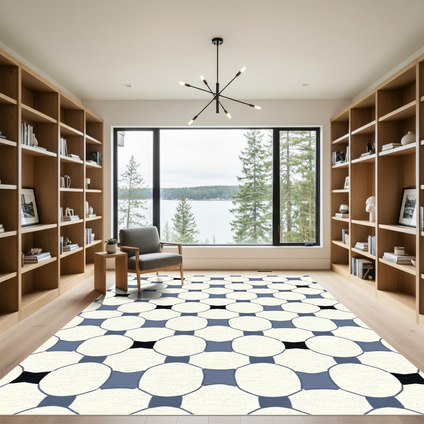 Cream Blue Interlocking Circles Rug