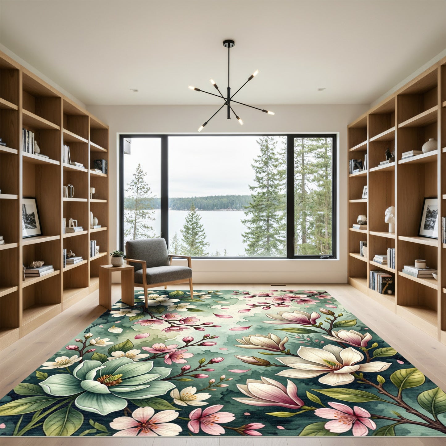 Watercolor Cherry Blossom and Magnolia Garden Rug