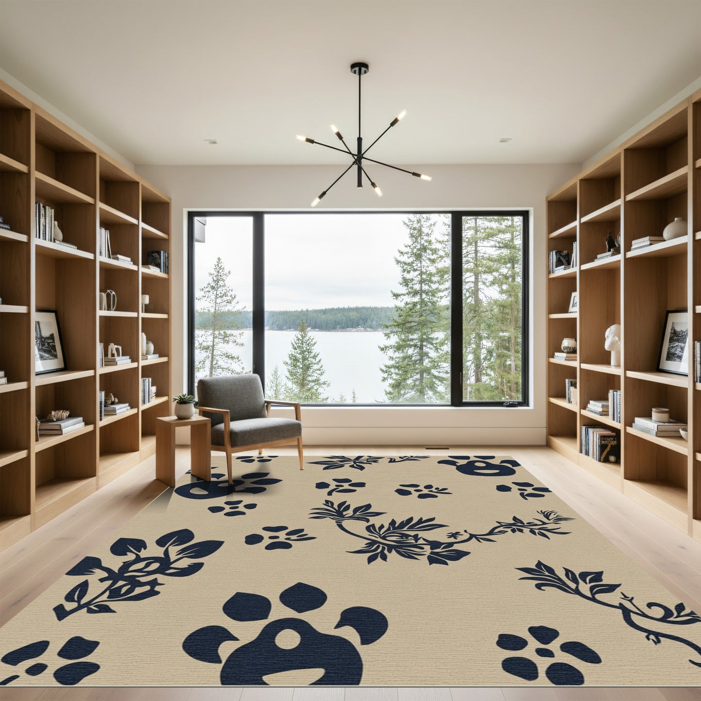 Navy Botanical Paw Print Meadow Rug