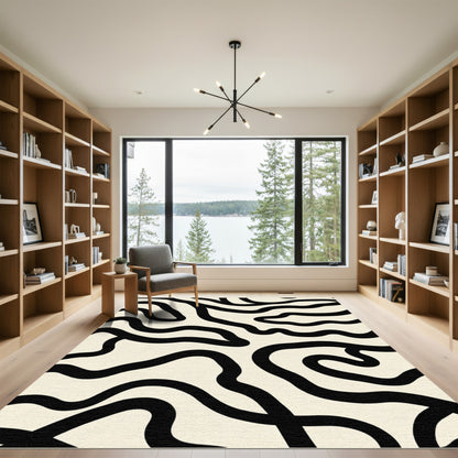 Cream Black Organic Abstract Wave Rug