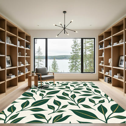 Elegant Forest Green Leaf Branches Rug