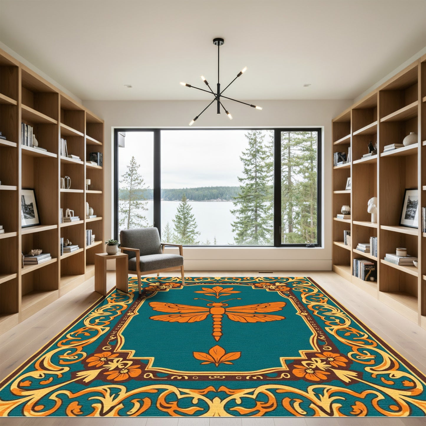 Orange Dragonfly Teal Floral Border Rug