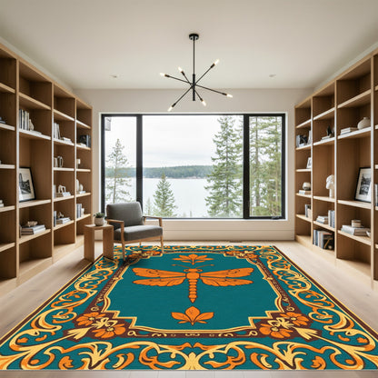 Orange Dragonfly Teal Floral Border Rug