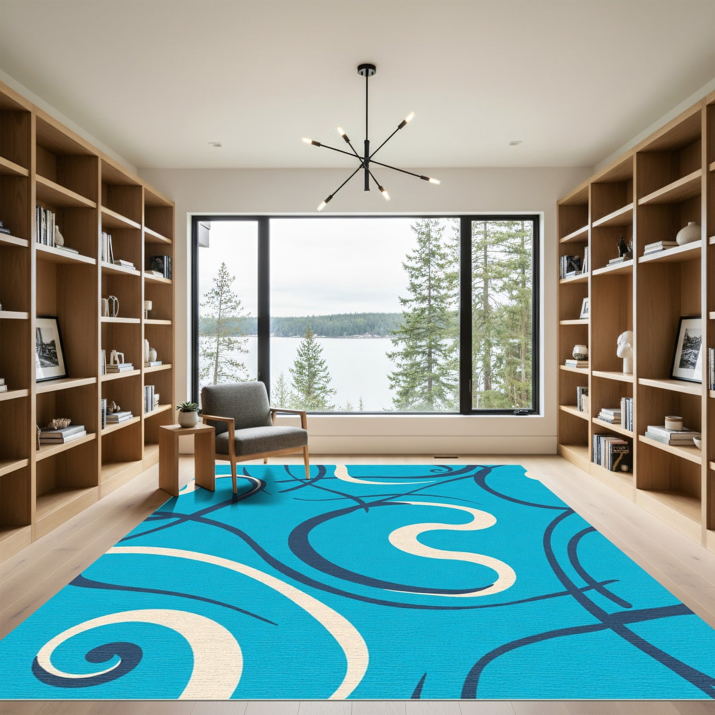 Deep Blue Ivory Swirl Abstract Rug