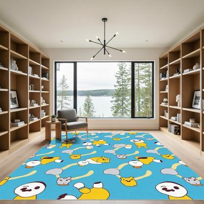 Playful Yellow Cartoon Characters Blue Rug