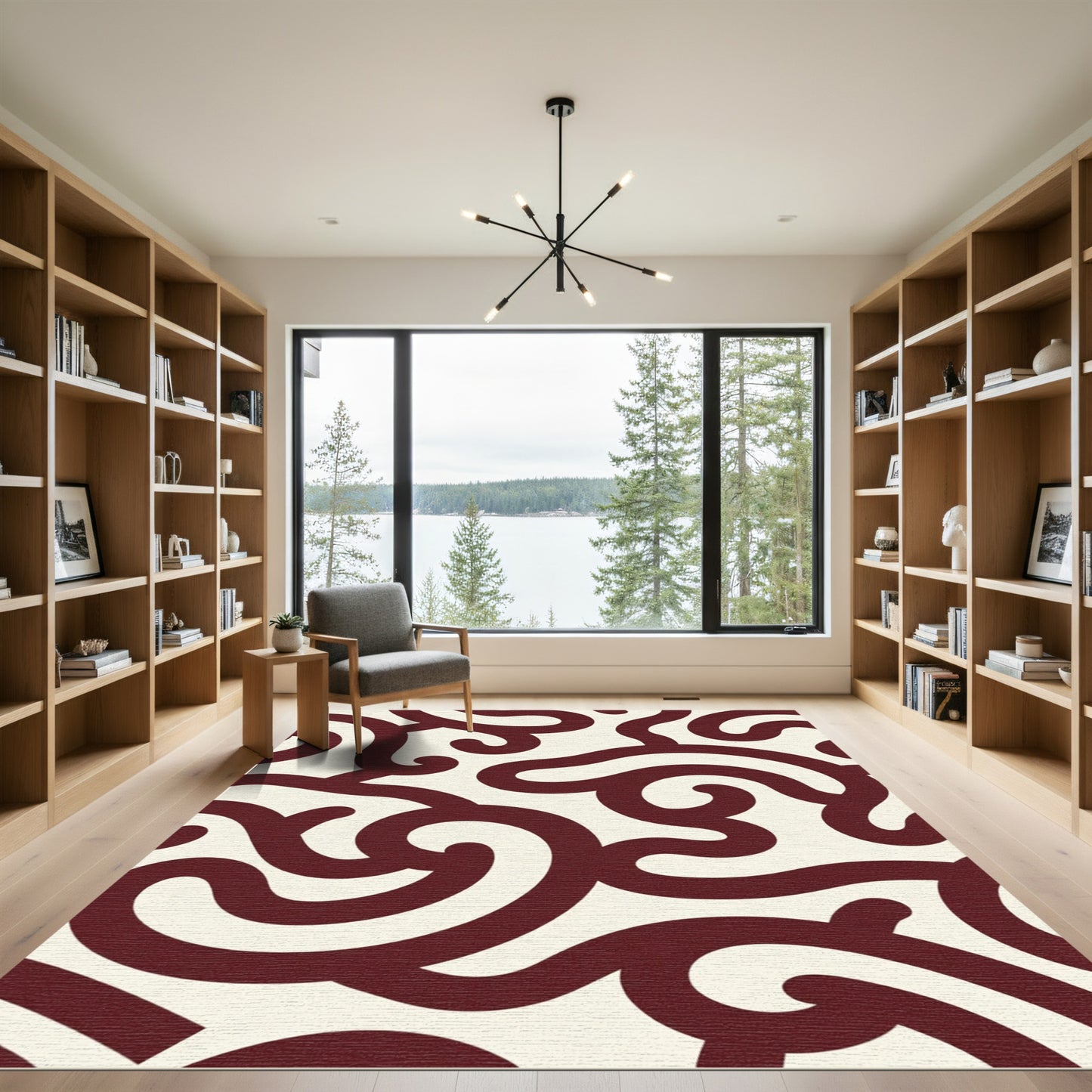 Maroon Swirl Abstract Continuous Line Rug