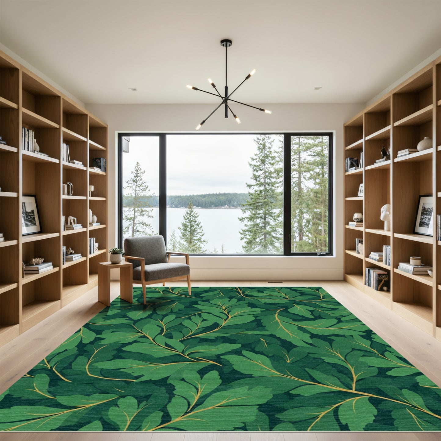 Deep Green Leafy Branch Pattern Rug