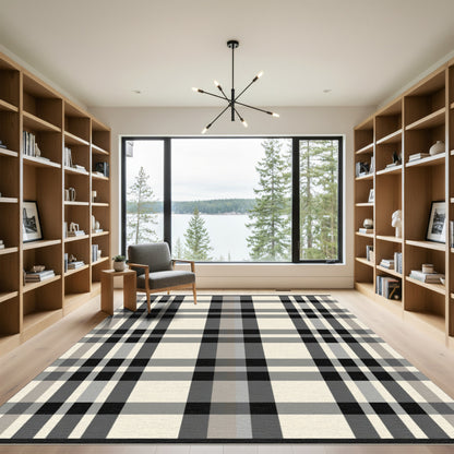 Classic Beige Black Tartan Check Rug