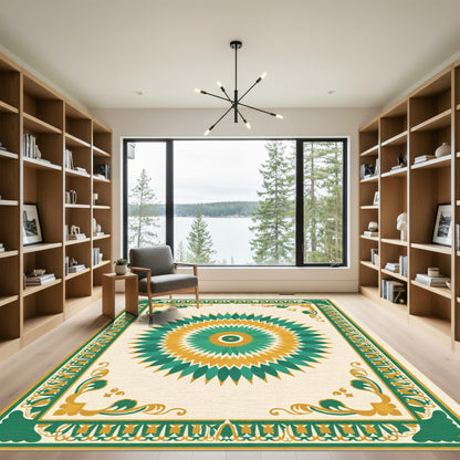 Emerald Gold Sunburst Geometric Rug