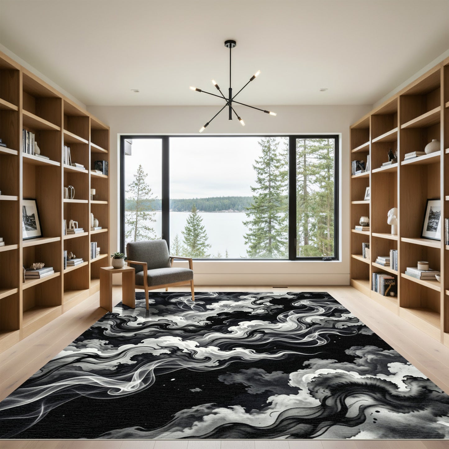 Monochromatic Swirling Smoke Cloud Art Rug