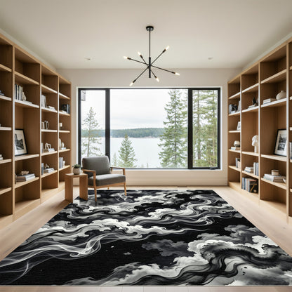 Monochromatic Swirling Smoke Cloud Art Rug