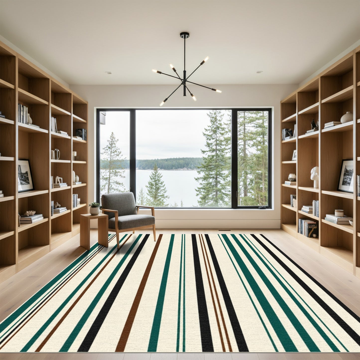 Cream Dark Teal Brown Black Stripe Rug
