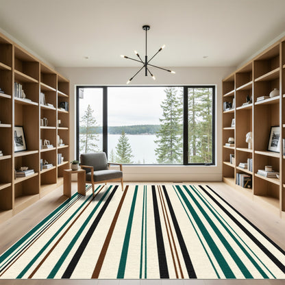 Cream Dark Teal Brown Black Stripe Rug
