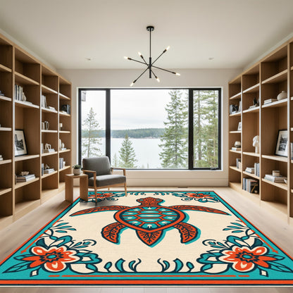 Orange Teal Turtle Floral Border Rug