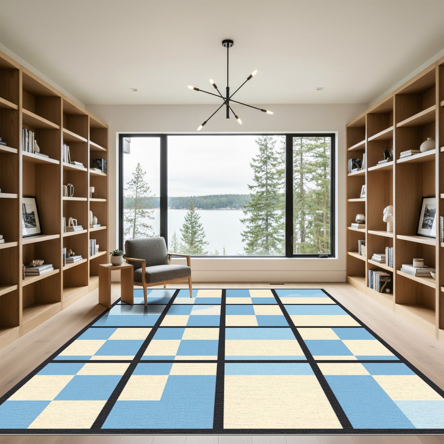 Blue Cream Checkered Abstract Window Rug