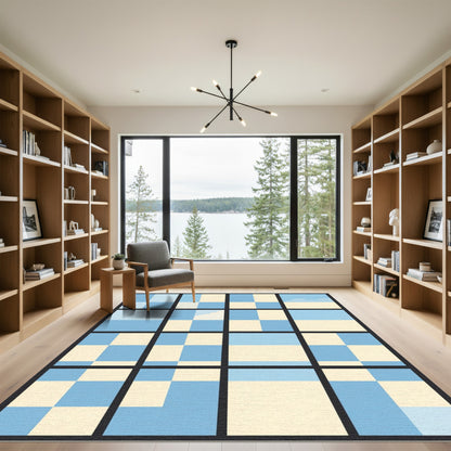 Blue Cream Checkered Abstract Window Rug
