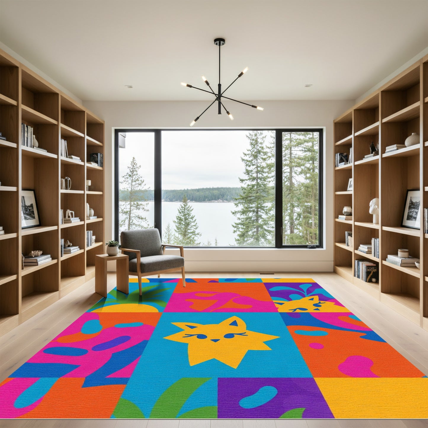Vibrant Whimsical Yellow Cat Shapes Rug