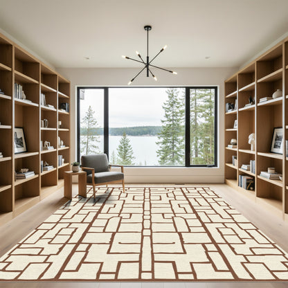 Earthy Brown Organic Geometric Grid Rug