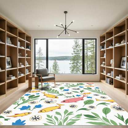 Golden Salmon Blue Flower Garden Rug