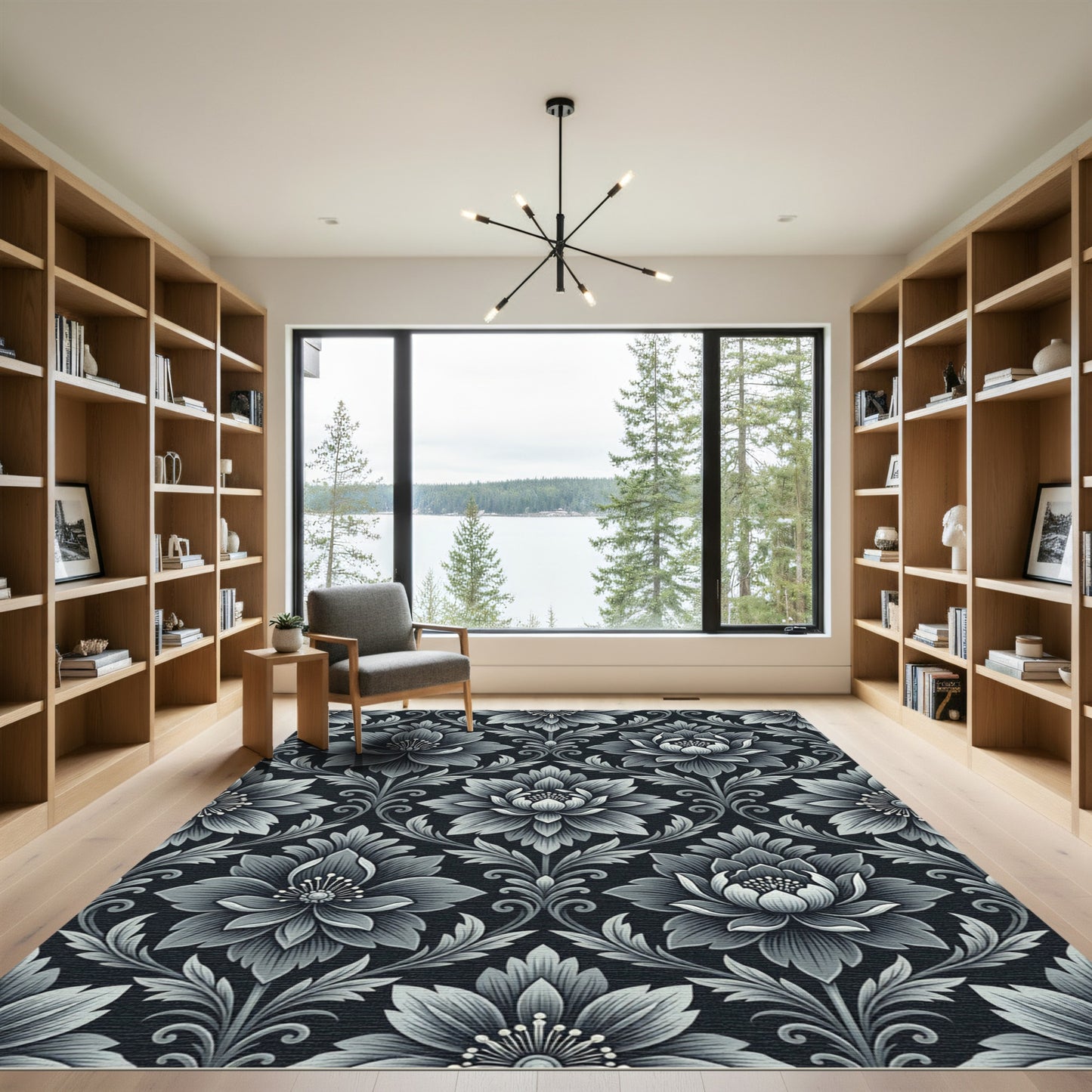 Monochromatic Floral Damask Arrangement Rug