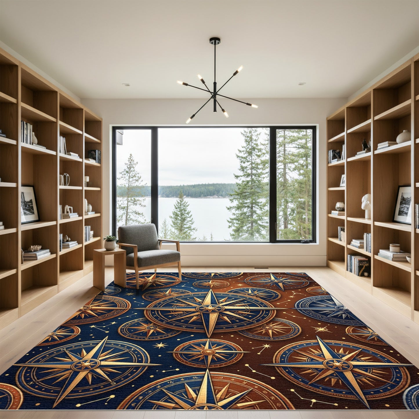 Golden Celestial Compass Rose Collage Rug