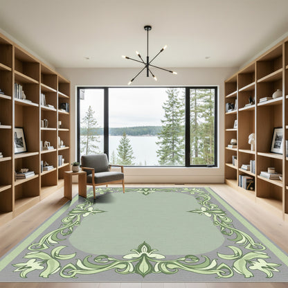 Sage Green Floral Ornate Frame Rug