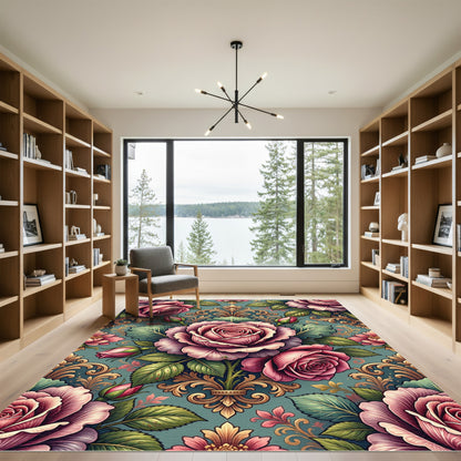 Elegant Dusty Rose Floral Damask Rug