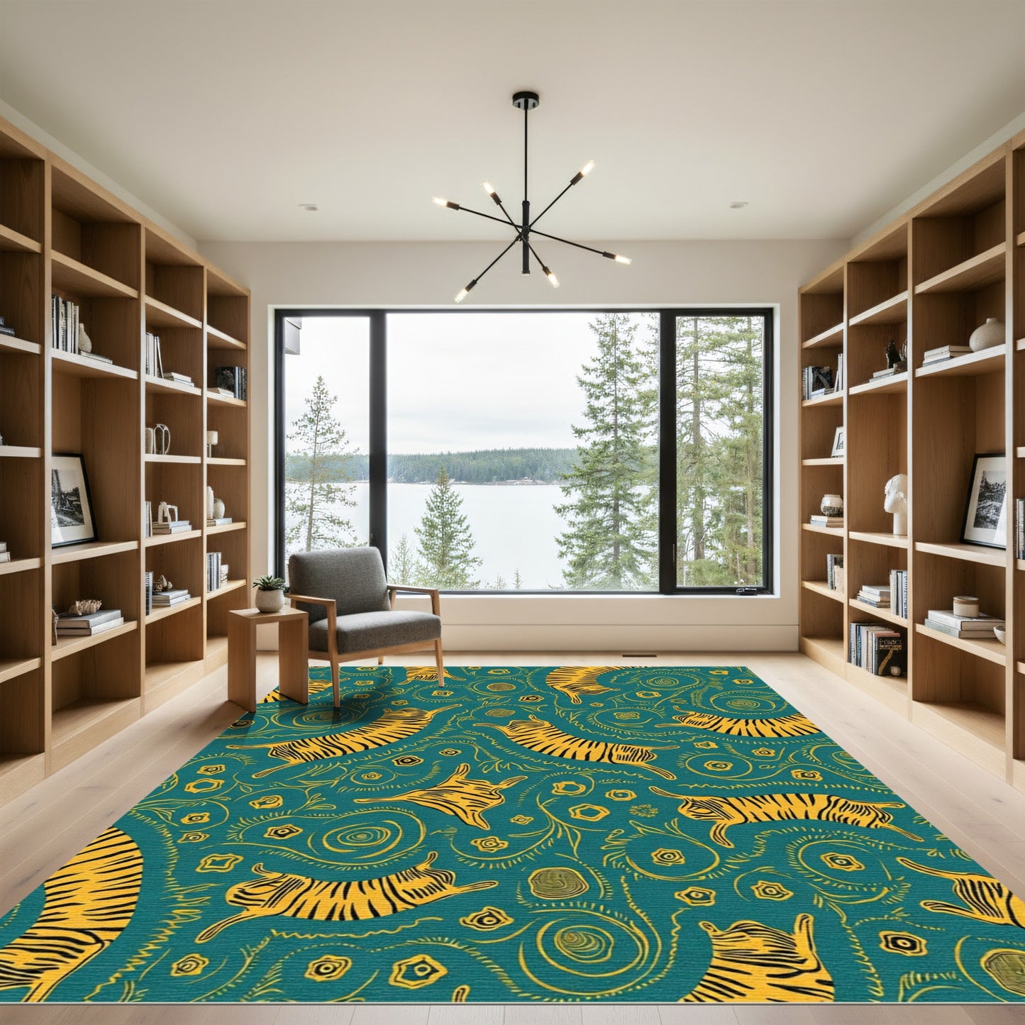 Teal Gold Abstract Tiger Swirls Rug