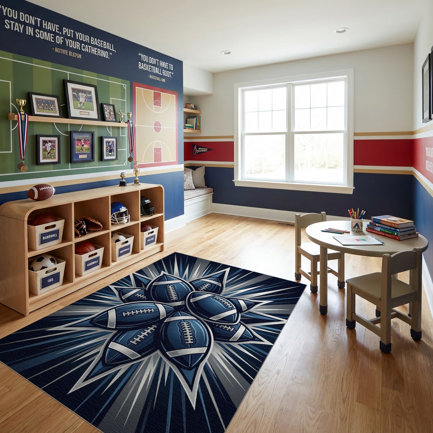 Dynamic Navy Football Starburst Rug
