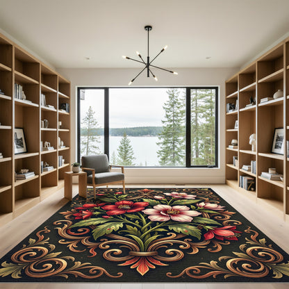 Crimson Ivory Floral Scrollwork Rug