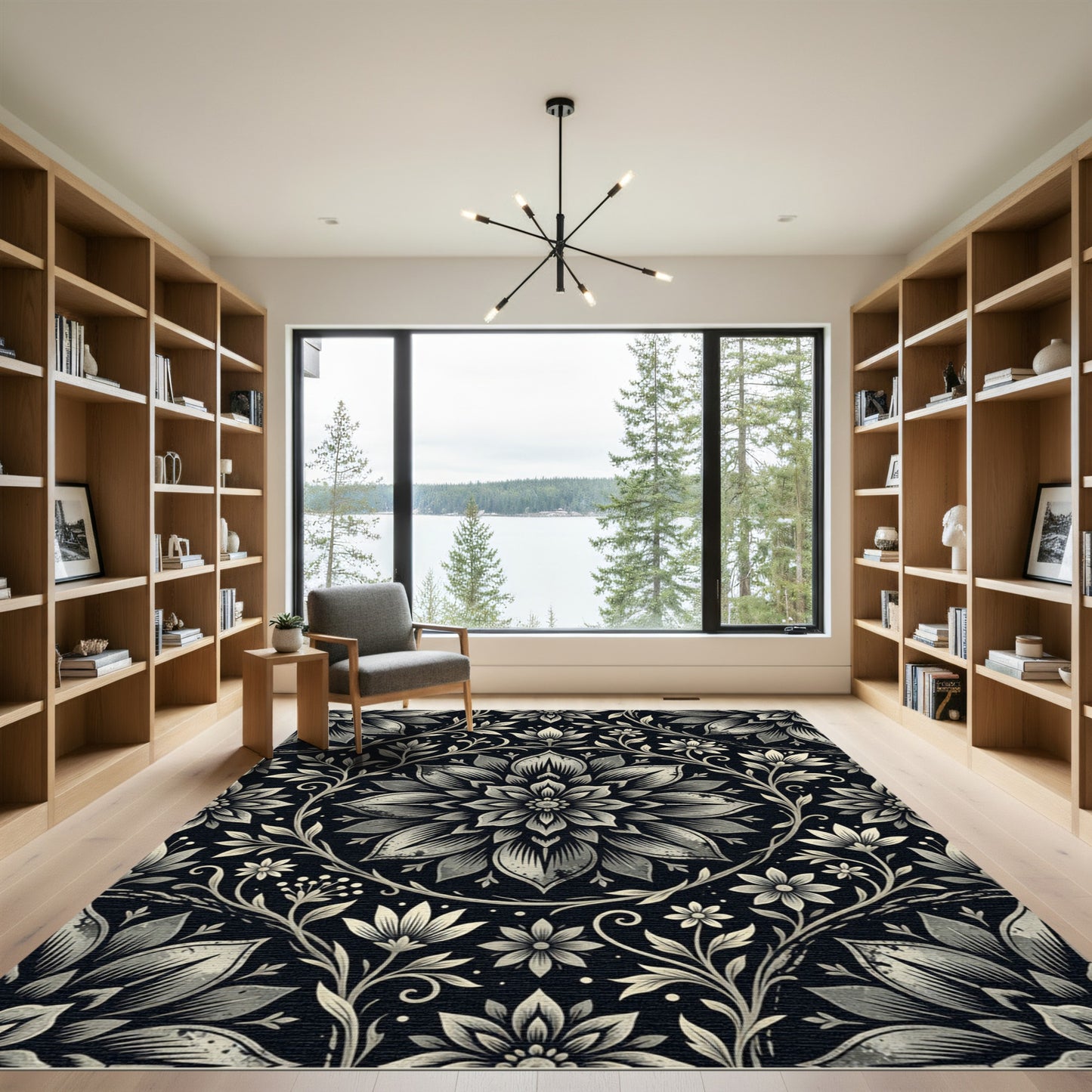 Antique Black Floral Scroll Rug