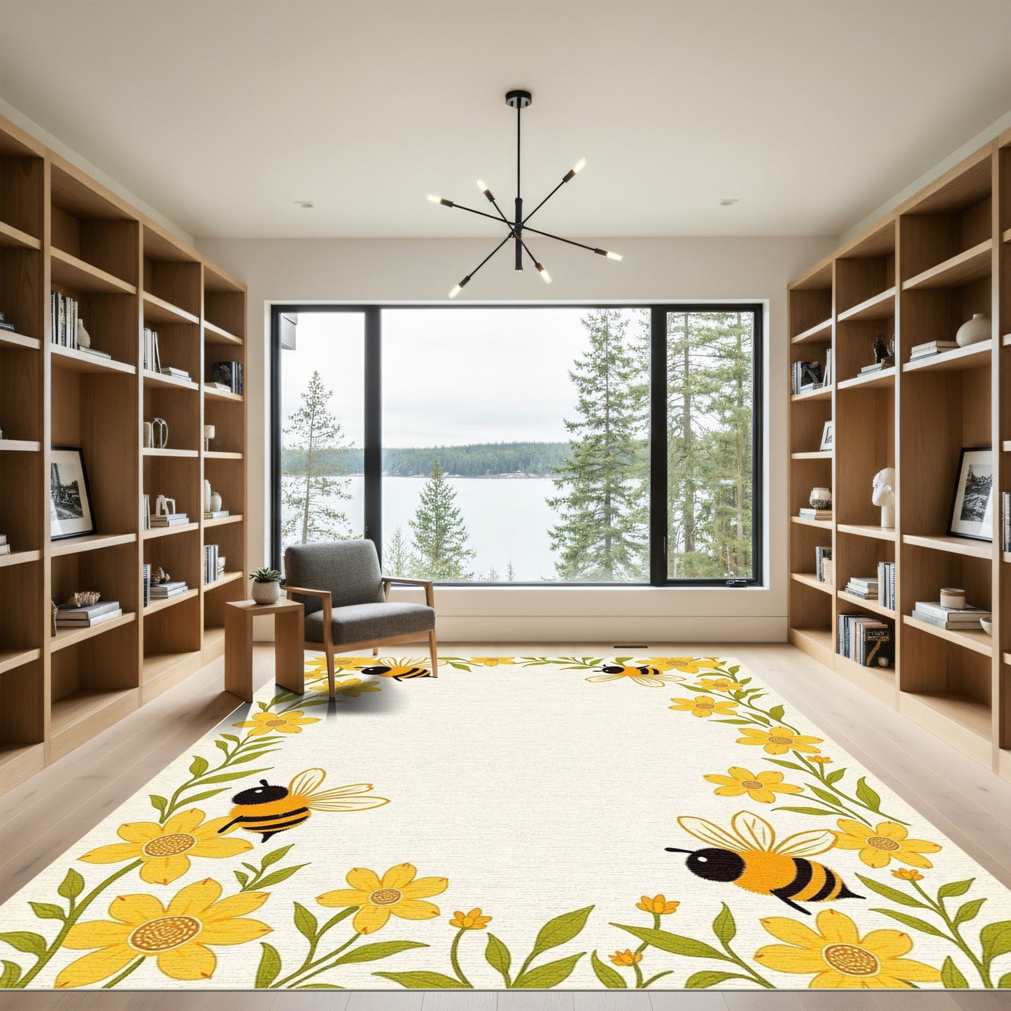 Yellow Floral Bee Border Rug