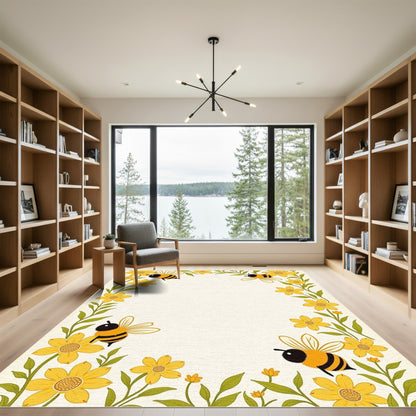 Yellow Floral Bee Border Rug
