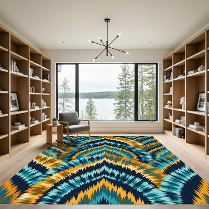 Blue Gold Sunburst Zigzag Pattern Rug