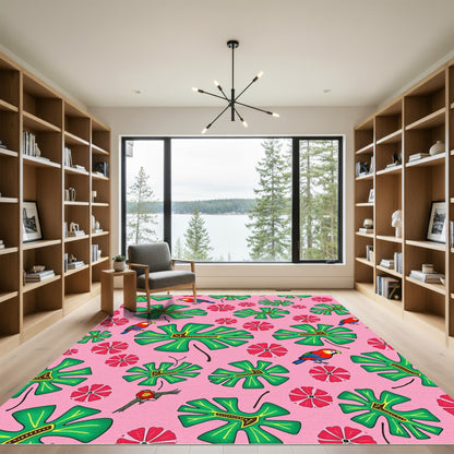 Tropical Birds Pink Leaf Floral Rug