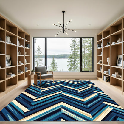 Navy Blue Chevron Geometric Layered Art Rug