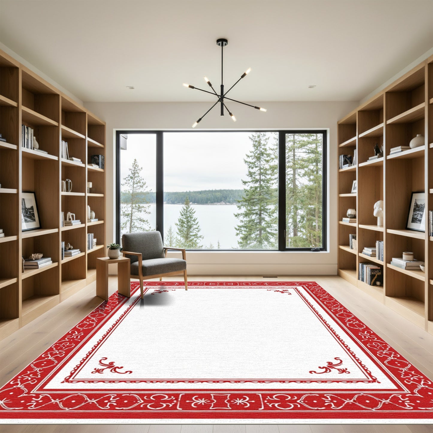 Crimson Ornate Scroll Border Rug