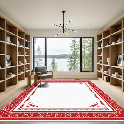 Crimson Ornate Scroll Border Rug