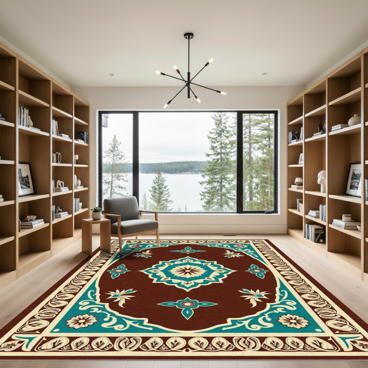 Rich Teal Floral Ornament Frame Rug