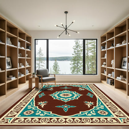 Rich Teal Floral Ornament Frame Rug