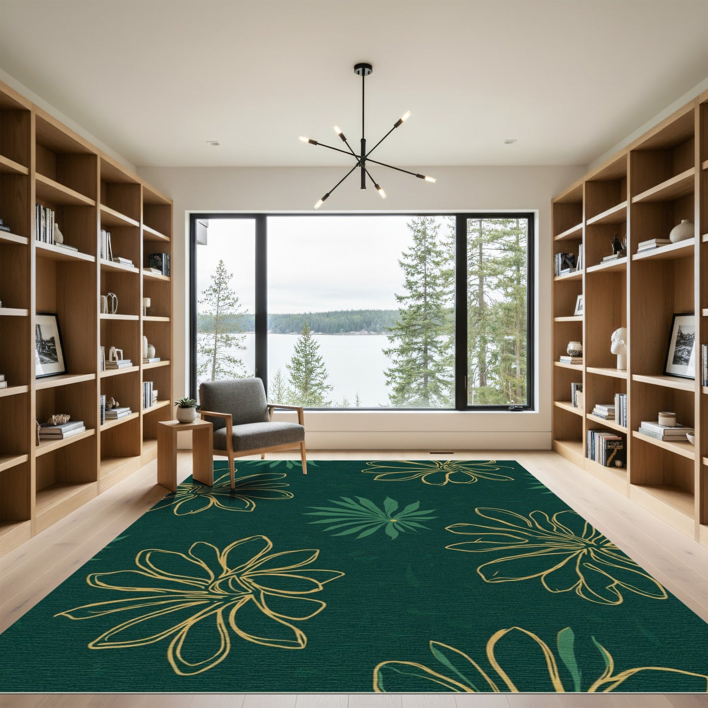 Deep Green Floral Outline Rug