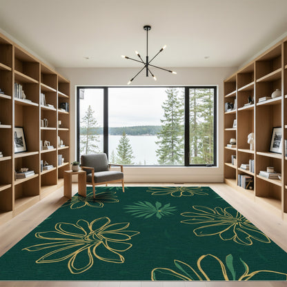 Deep Green Floral Outline Rug