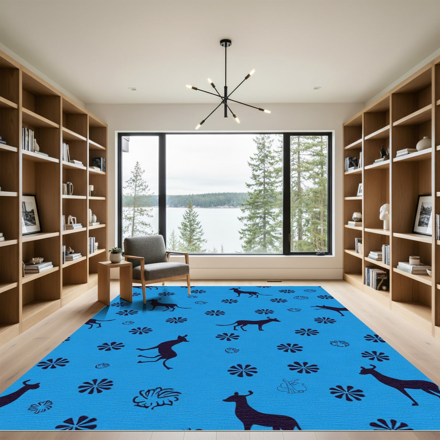 Silhouette Dogs And Flowers Blue Rug